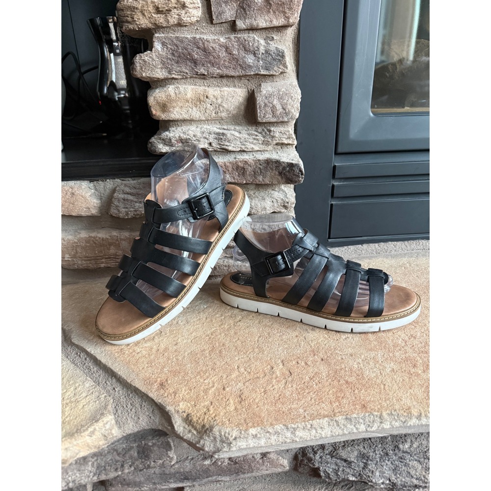 Clarks Artisan Womens Black Leather Gladiator Sandals Size 9 Preppy Boho Cushion